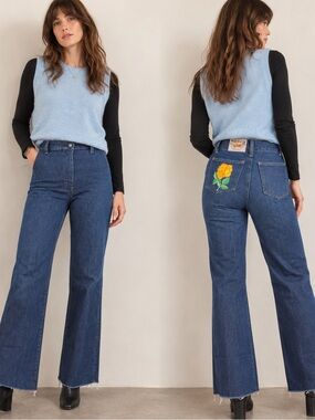 Vtg 1978-83 Action West Embroidered Rose High Rise Wide Leg Western Jeans Sz 4